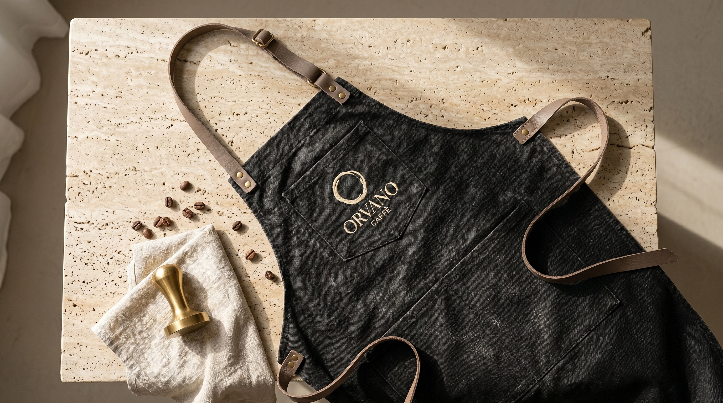 ORVANO barista apron with brass tamper and coffee beans