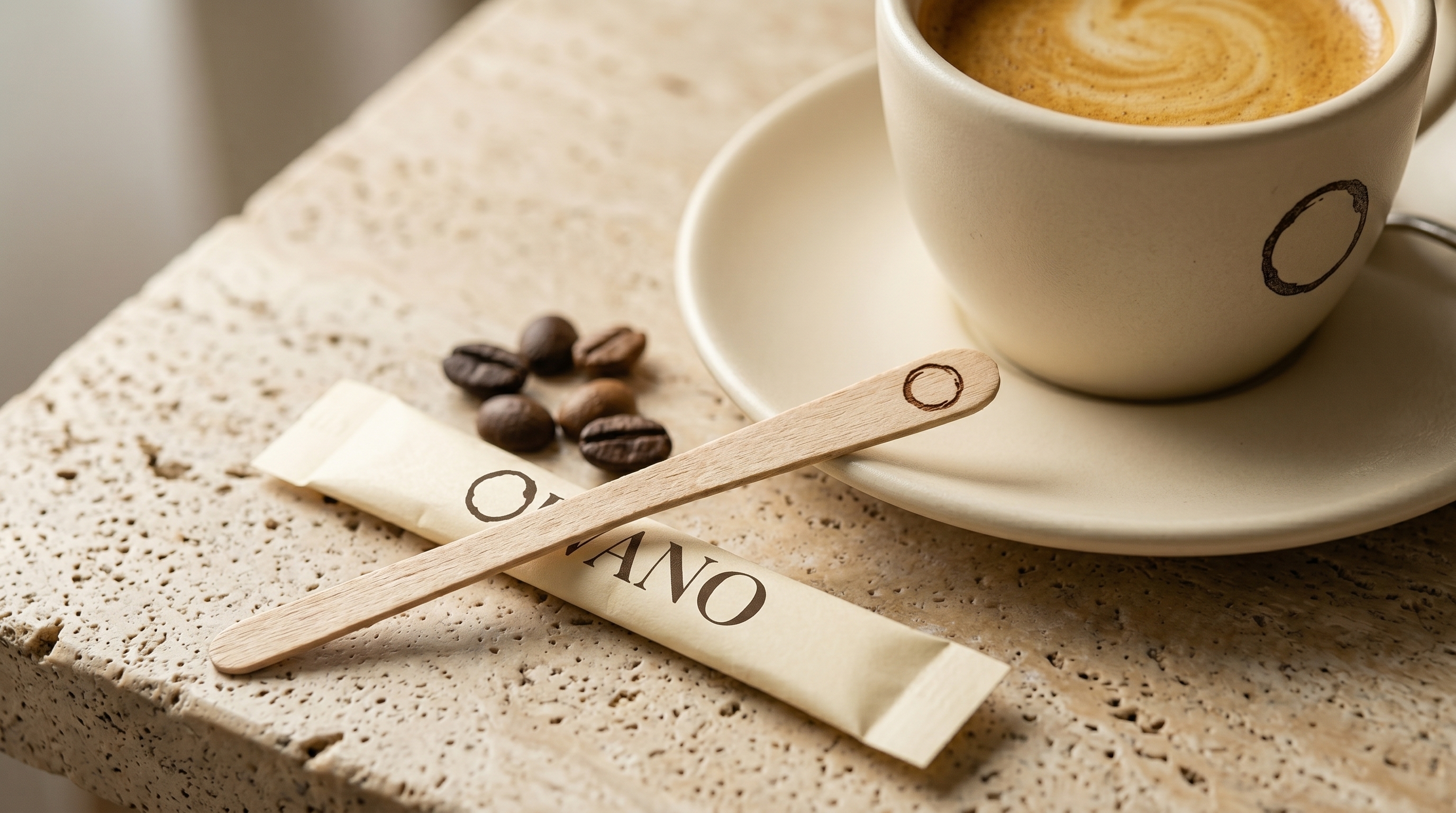 A cappuccino with latte art beside an ORVANO sugar stick and coffee beans