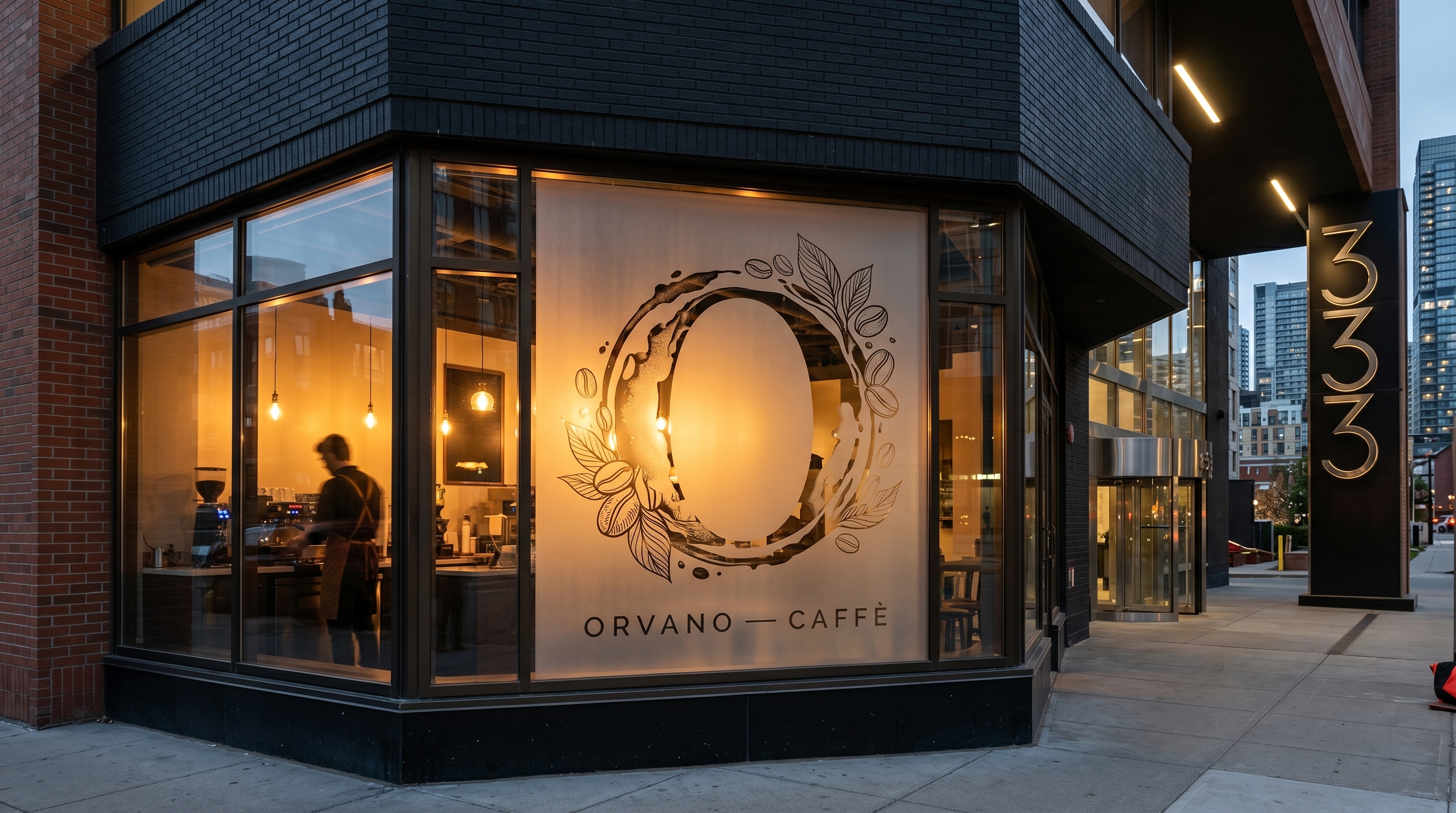 ORVANO Caffè on the corner at dusk, warm light glowing through the windows