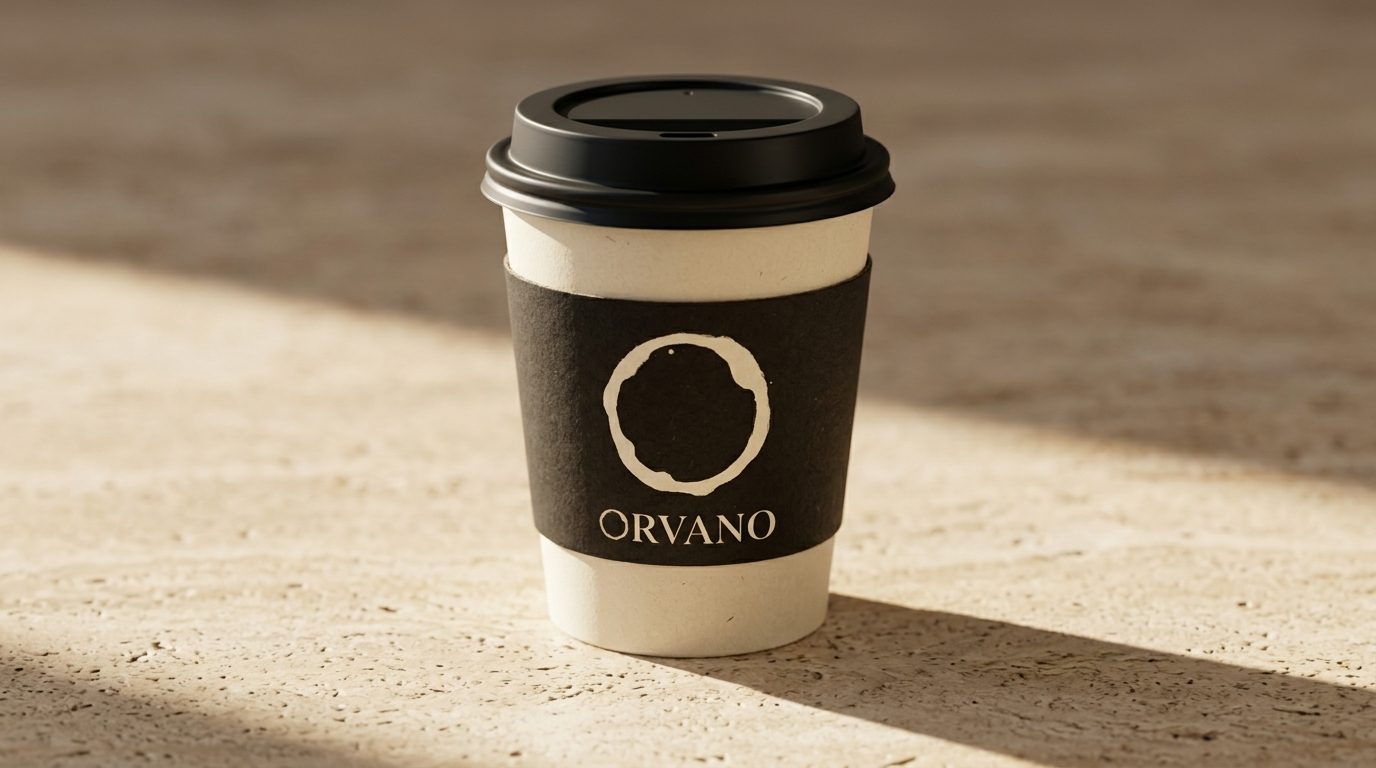 An ORVANO cup in a kraft sleeve in low afternoon sun