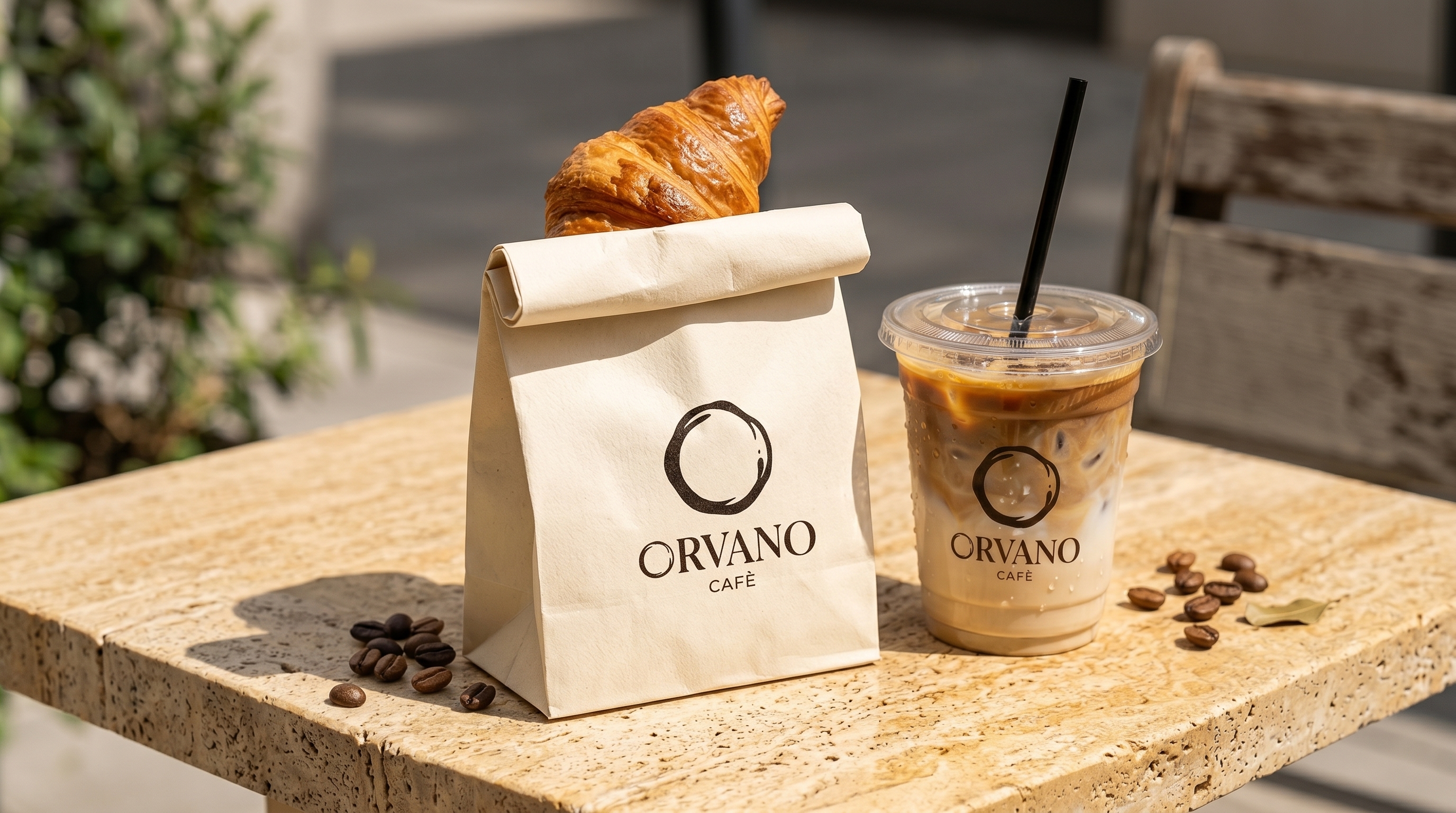 ORVANO paper bag, croissant and iced latte in the sun