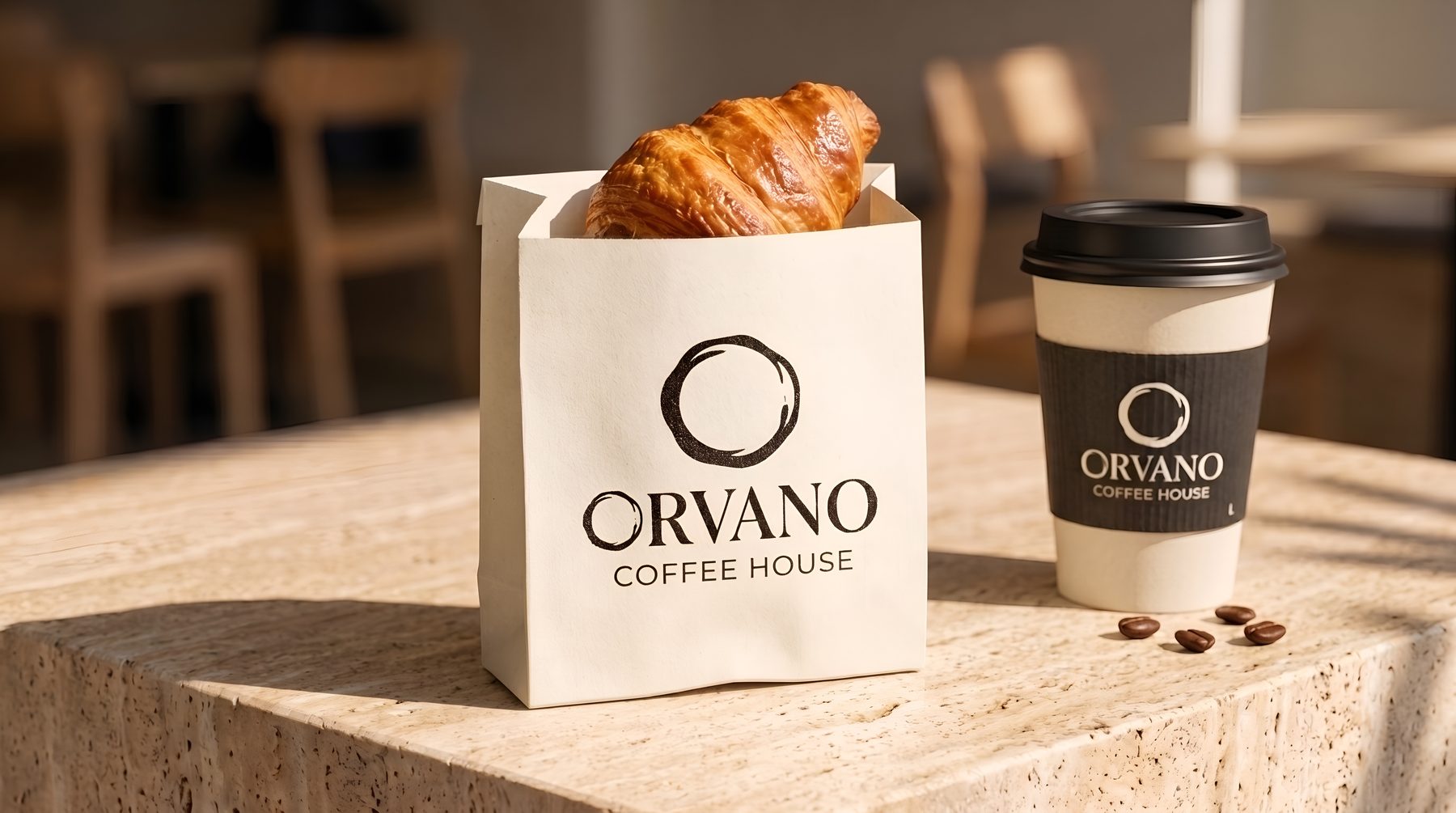 An ORVANO paper bag with a croissant and a hot cup on a travertine ledge