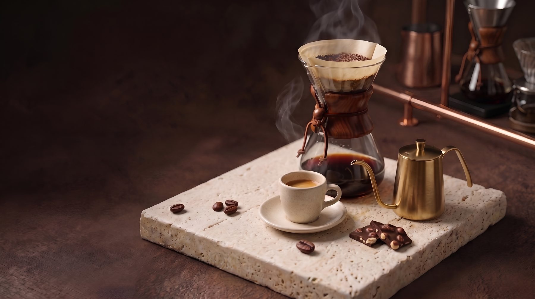 A pour-over brewing into a glass carafe beside a brass kettle