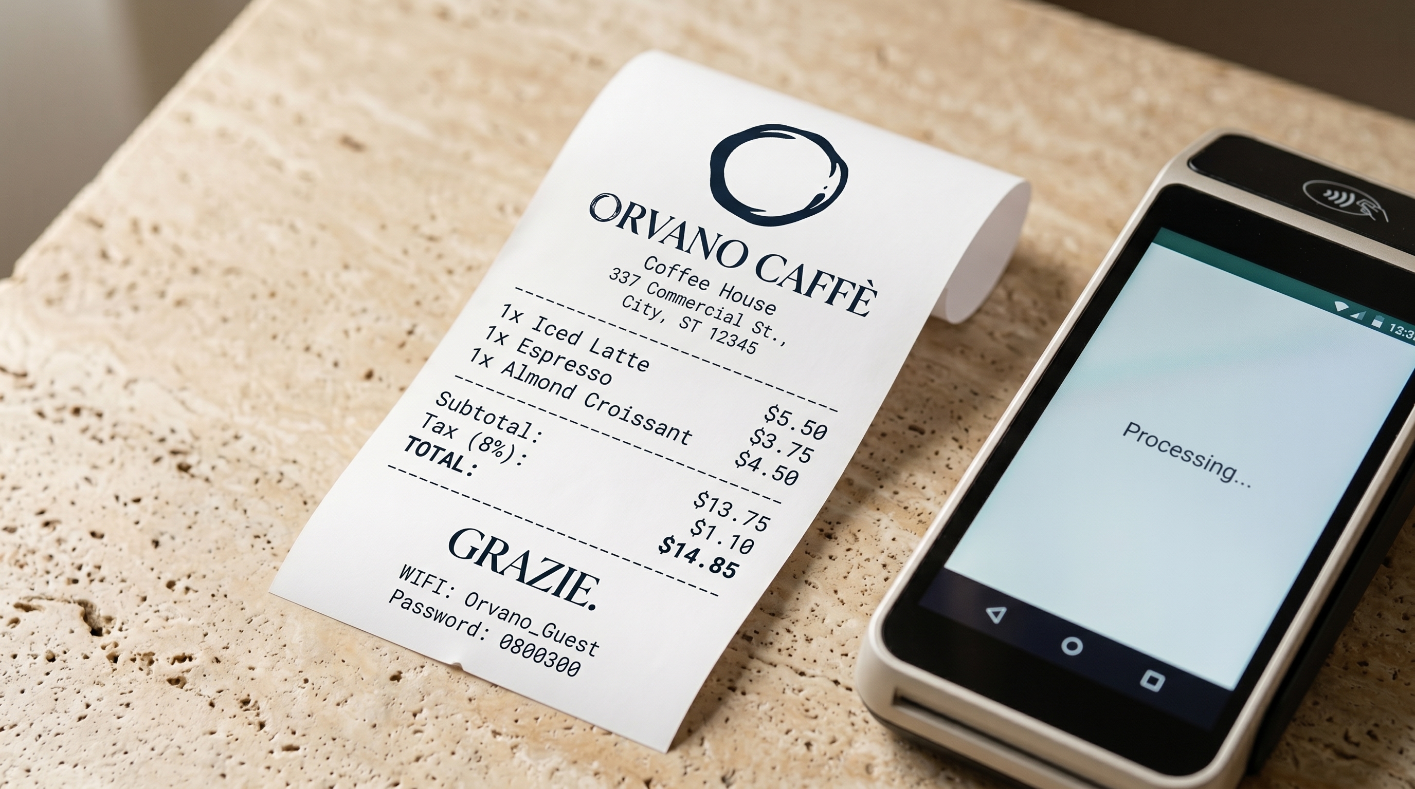An ORVANO receipt beside a card terminal
